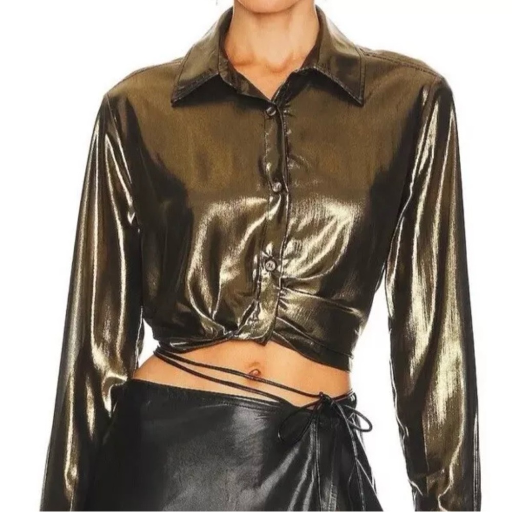 Le Superbe Le Metallic Sunset Tower Tuck Shirt Cropped Blouse Gold Sz 6 - NWT